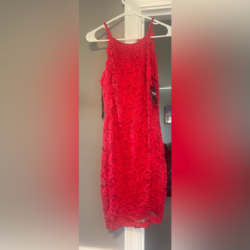 Red floral lace dress